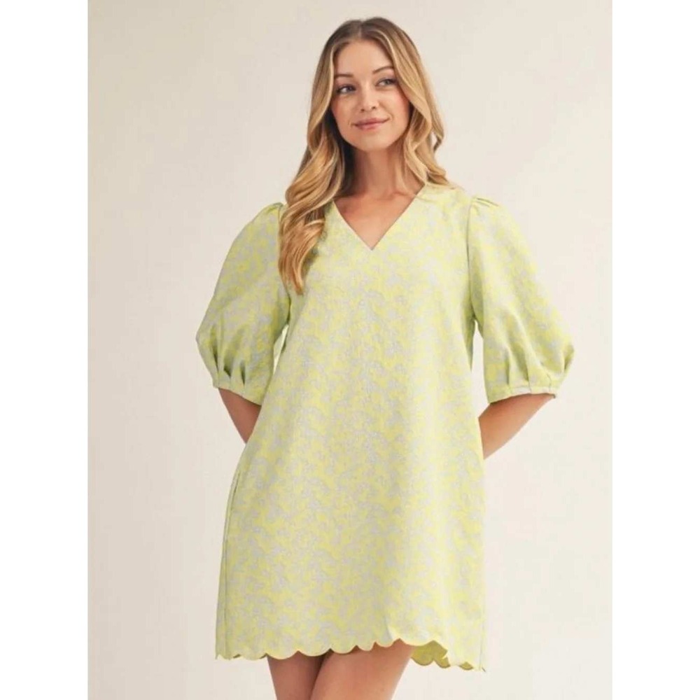 Jodifl Yellow Blue Floral Jacquard V-Neck Scallop Hem Dress Size Small